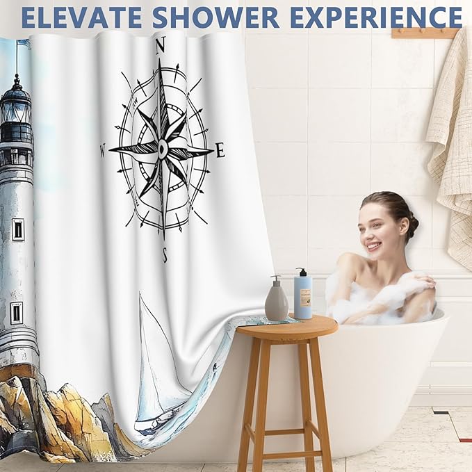TQUQOBU No Hook Waterproof Shower Curtains, Snap-in Shower Curtain Liner with Weighted Hem & Top Window, Nautical Shower Curtain for Bathroom, Hotel and Gym, 71x74 Inches