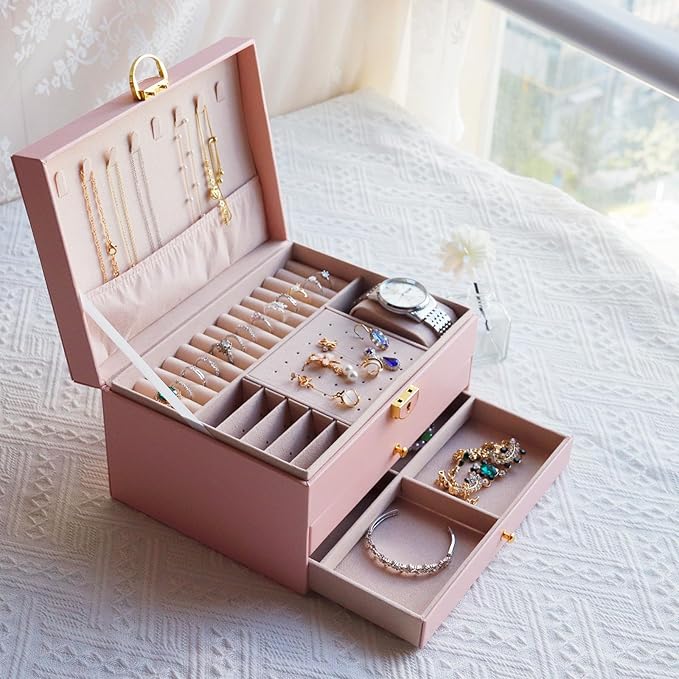 3 Layer Jewelry Box with Drawers, Lockable Jewelry Organizer for Necklace Earring Ring Bracelet Watch, PU Leather Storage, Pink