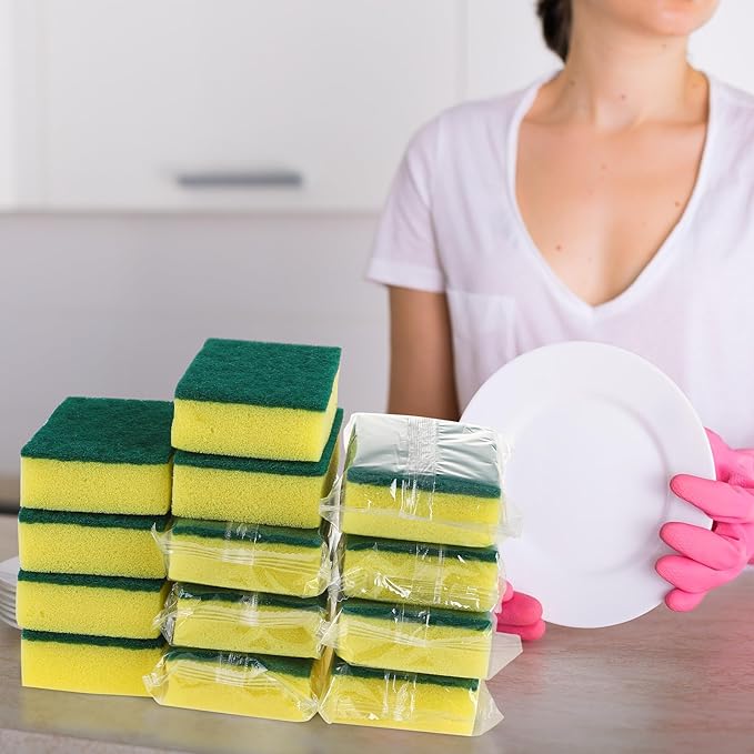 Ovveroche 50 Pcs Individually Wrapped Sponges, Uncompressed Non Scratch Scrouing Sponges for Household Cleaning Dishes Kitchen Airbnb Apartment Car Bike Green