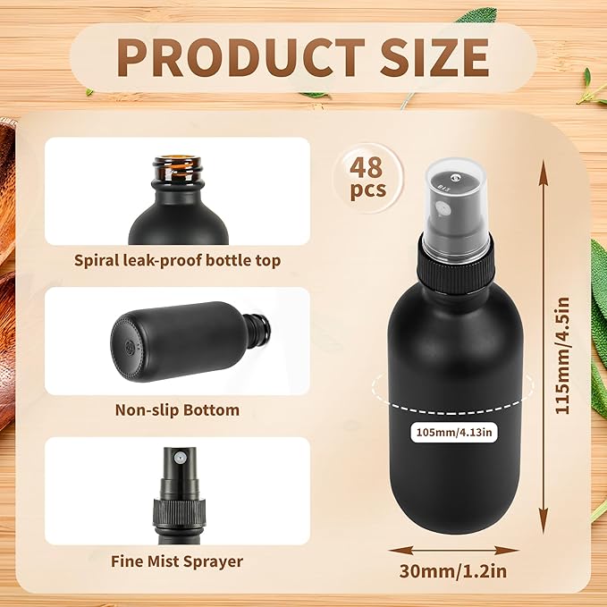 BILLIONSTARS 48 Pack 2oz Glass Boston Round Bottle with Fine Mist Sprayer - Black Frosted - Essential Oils, Bath, Beauty, Hair & Cleaning - Leakproof Travel Bottles