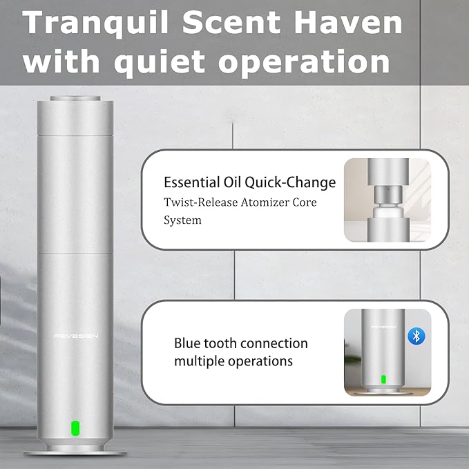Waterless Scent Diffuser Kit, Includes 5 Premium Oils, 2000 Sq.Ft Coverage, Hotel Collection Scent Diffuser for Home, Studio, Essential Oil Diffuser Large Room, Remote & APP Control - Silver