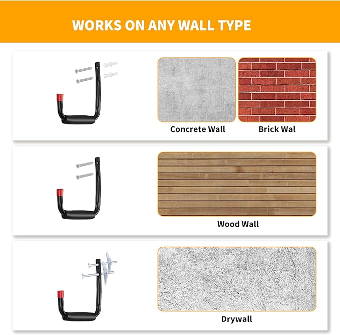 6 Pack Garage Hooks Heavy Duty, Utility Steel Hooks with EVA Foam Padding, 5.51inch Wall Mount J Organizer Hanger for Hanging Bikes Kayak Garden Tool Hose Bike Shelf