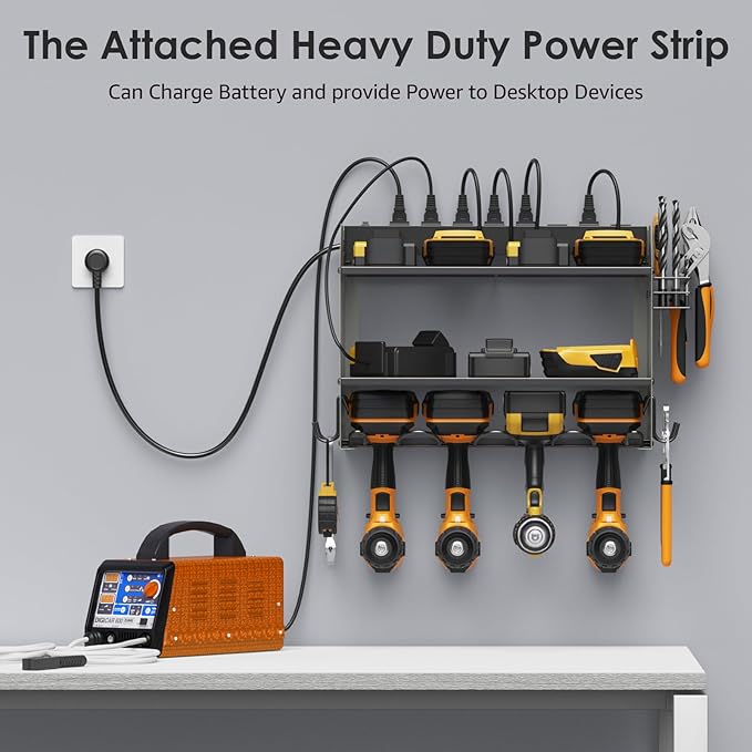 CCCEI Modular Power Tool Organizer Wall Mount with Charging Station. Garage Drill Storage Shelf with Hooks, Heavy Duty Rack, Tool Battery Holder Built in 8 Outlet. Gift for Men. Grey, 1 Pack.