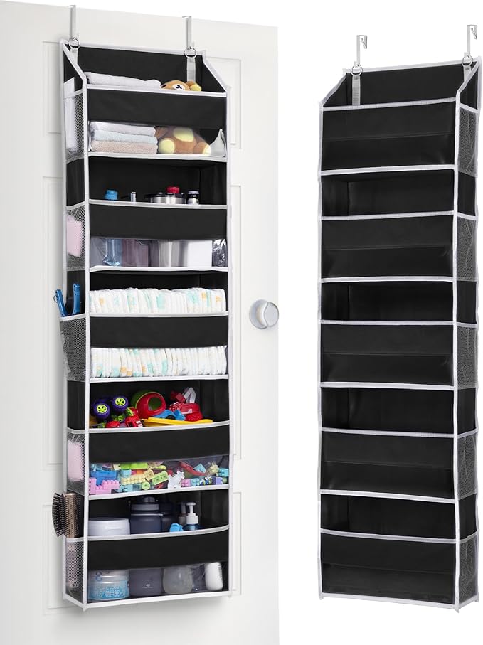 ULG 1 Pack Over The Door Organizer – 5 Shelf Door Organizer Hanging & 10 Side Pockets, Reinforced 44LB Capacity Hanging Organizer, Behind The Door Storage for Bedroom, Nursery, Pantry (Black)