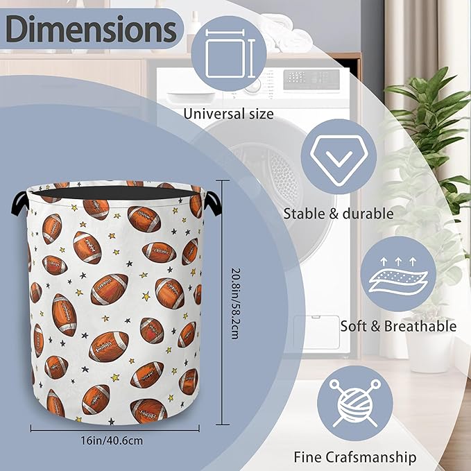 American Football Laundry Basket,Stars Foldable with Handles Tote Bag Oxford Cloth for Bathroom Bedroom Dirty Clothes Storage Bucket 16" x 20.8"