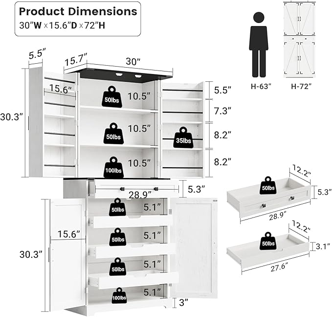 ELYKEN 72" Pantry Cabinet with Door Shelving & Sliding Shelves, Farmhouse Tall Kitchen Storage Cabinet with Door & Drawer for Dining Room, Living Room