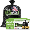 Veska 65 Gallon Trash Bags for Toter, (Value-Pack 50 Count w/Ties) Extra Large 64 Gallon Heavy Duty, 60 Gal Trash Bags Outdoor Garbage Can Liner for CustodiansExtra Large Garbage Bag 70 Gallon
