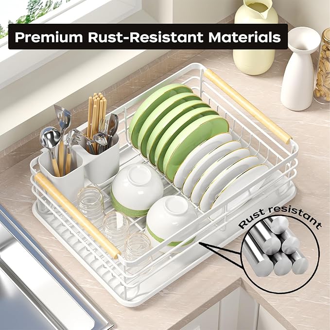jouzevic Dish Racks for Kitchen Counter: Wooden Handles, Thickened Metal, No Assembly. Small Dish Drying Rack: Ideal for Small Households. Drying Rack Kitchen: White