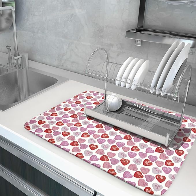 Valentine’s Day Dish Drying Mat for Kitchen Counter 24x18 Inch Pink Love Drying Mat with Absorbent Reversible Microfiber Holiday Dish Drainer Mats Rack Pad for Coffee Countertop Protector