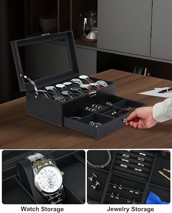 Jenseits 12 Slot Watch Case,2 Layers Watch Box Organizer with Large Glass Lid, Lockable Leather Watch Holder Display Case Storage with Jewelry Organizer Holder Drawer, Ideal Gift for Men Women, Black