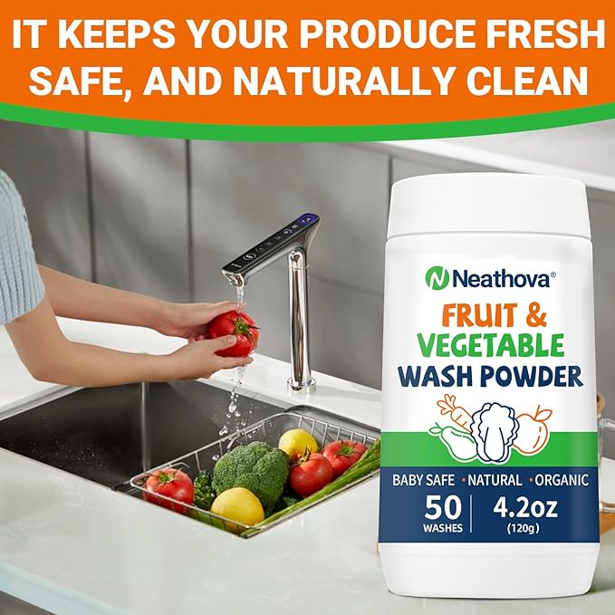 Fruit & Veggie Wash Powder, Natural Organic Produce Cleaner for Pesticides & Wax Removal, Gentle Enough for Baby Food, Fruit vegetable wash,Single Ingredient, 50 Washes, 4.2oz (120g)