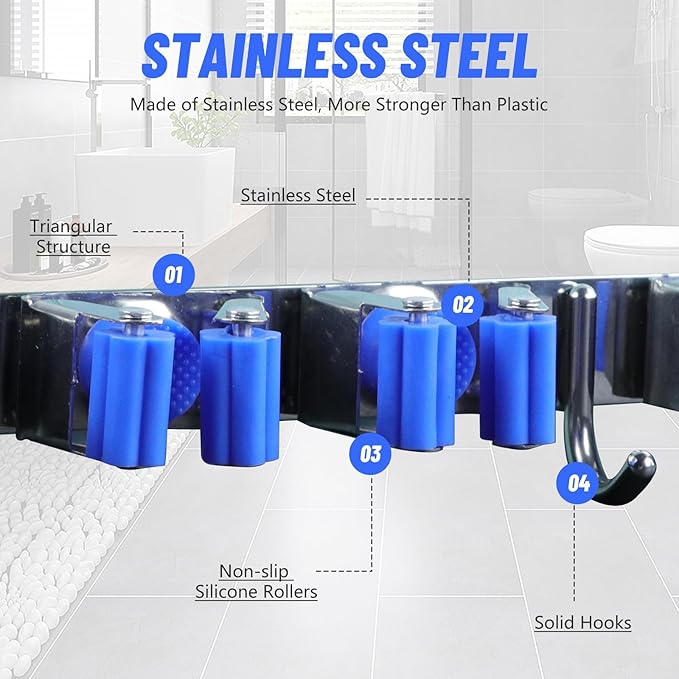 Broom Holder Mop Hanger Wall Mount Metal Organization Garage Storage System Laundry Room Closet Shed Garden Kitchen Tool Organizer (6 Racks with 3 Hooks, Blue)