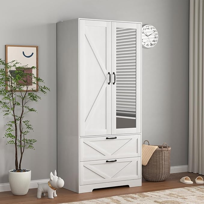 Armoire Wardrobe Closet with Mirror and 2 Drawers, 72'' Bedroom Armoire Wardrobe Cabinet with Hanging Rod and Light,Wooden Bedroom Closet with Adjustable Shelf