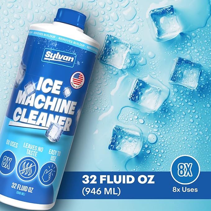 Sylvan Ice Machine Cleaner and Descaler | 32 oz (8 uses) | Free Cloth | Made in USA | Nickel Safe Ice Maker Cleaner and Descaler | Universal Compatibility for Commercial & Residential Ice Makers