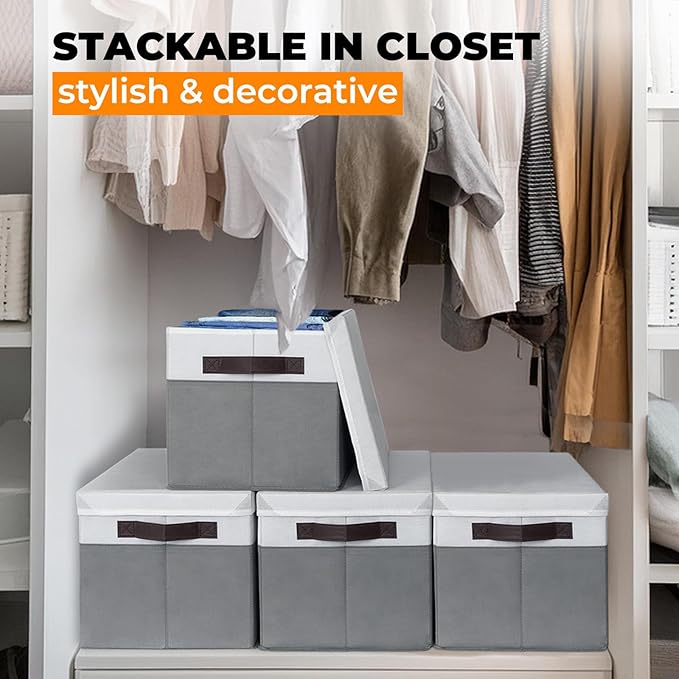 Criusia 6 Set Clothes Storage Bins with Lids - Stackable Fabric Closet Organizers and Storage Baskets for Shelves -Odorless Large Enough for Clothes Blanket Toy Storage -Dorm Room Apartment Essentials