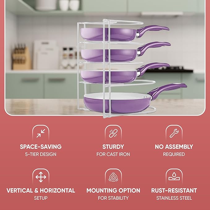 Extreme Matters Heavy-Duty Pots and Pans Organizer | 5-Tier Cookware & Lid Storage Rack | Free-Standing or Wall-Mount | Kitchen Organizer for Cast Iron Skillets, Pots, Frying Pans, Lids | White