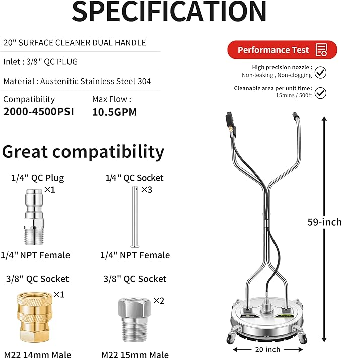 20" Pressure Washer Surface Cleaner Plus with 5 Nozzles Water Broom, Stainless Steel Dual Handle Power Washer Surface Cleaner Hot Water Supported for Patio Decker Concrete Driveway, 4000 PSI