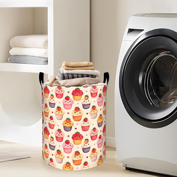 Sweet Cupcake with Strawberry Laundry Basket with Handles, 19.7"x15.7" Clothes Foldable Desserts and Heart Laundry Hamper Organizer for Dorm Nursery Bedroom Bathroom Decor, Toy Storage Bin for Kids