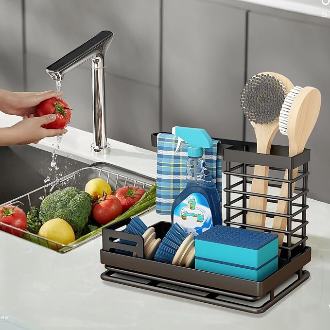 Sink Caddy, Kitchen Sink Organizer Sponge Holder, Kitchen Sink Accessories Stainless Steel Sponge Holder, Sink Brush Holder with Removable Drain Tray for Sponge Dish Brush Soap Scrubber Dishcloth