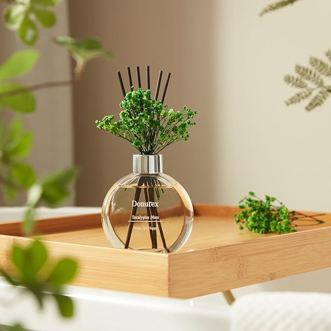 Flower Reed Diffuser Set 5.07oz Eucalyptus & Moss Scent Diffuser with Sticks Home Fragrance Reed Diffuser for Bathroom Shelf Decor