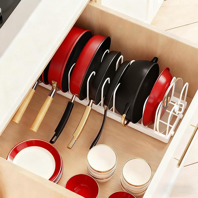 HuuDraLono Expandable Pots and Pans Organizer Rack for Under-Cabinet Storage - Adjustable Kitchen Cabinet Organizer with 13 Dividers, Cutting Board Holder & 6 Non-Slip Silicone Pads-White