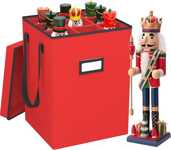 Christmas Nutcracker and Figurine Collectible Storage Box - Stores Up to 9-16" Tall Nutcrackers, Ornaments, and More - Holiday Decor Organizer with Adjustable Dividers - Nutcracker not Included (Red)