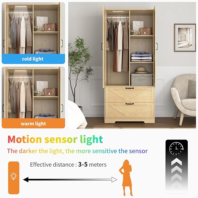 Armoire Wardrobe Closet with Mirror and 2 Drawers, 72'' Bedroom Armoire Wardrobe Cabinet with Hanging Rod and Light,Wooden Bedroom Closet with Adjustable Shelf