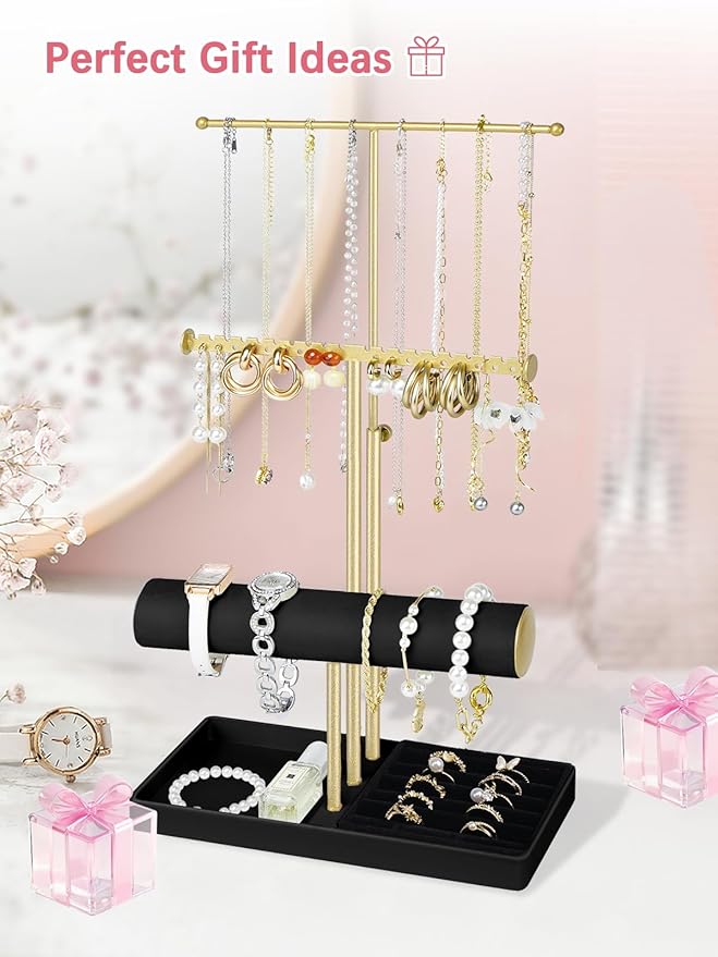 Jenseits Jewelry Organizer Holder Stand, 3 Tier Jewelry Organizers and Storage w/Bracelet Holder & Velvet Rings Tray, Cute Necklace Holder Hanger Towers Rack for Girl Women Men Room/Dorm Decor-Black
