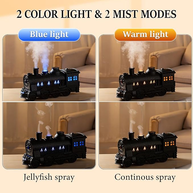 Train Diffuser 300ML Essential Oil Diffuser Cool Mist Humidifier Aroma Diffuser,2 Color Light 2 Mist Modes,3-in-1 Vintage Steam Train Diffuser Humidifier with Remote Control,Home Decor & Gift (Black)