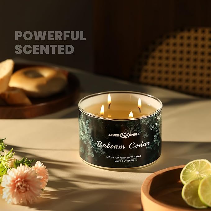4EVER Scented Candles | 4-Wick 18oz Soy Wax Candle | Up to 50Hrs Clean Burn | Aromatherapy Candles for Home Scented | Gifts for Women & Mom, Balsam Cedar
