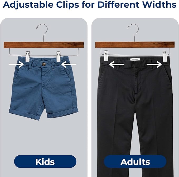 SereneLife 10 Pack Skirt and Pant Hanger with Adjustable Non-Slip Steel Clips, Premium Wooden, 360° Swivel Hook & 10 lb Capacity – Space-Saving Heavy-Duty Hangers for Jeans, Shorts & Slacks (Brown)