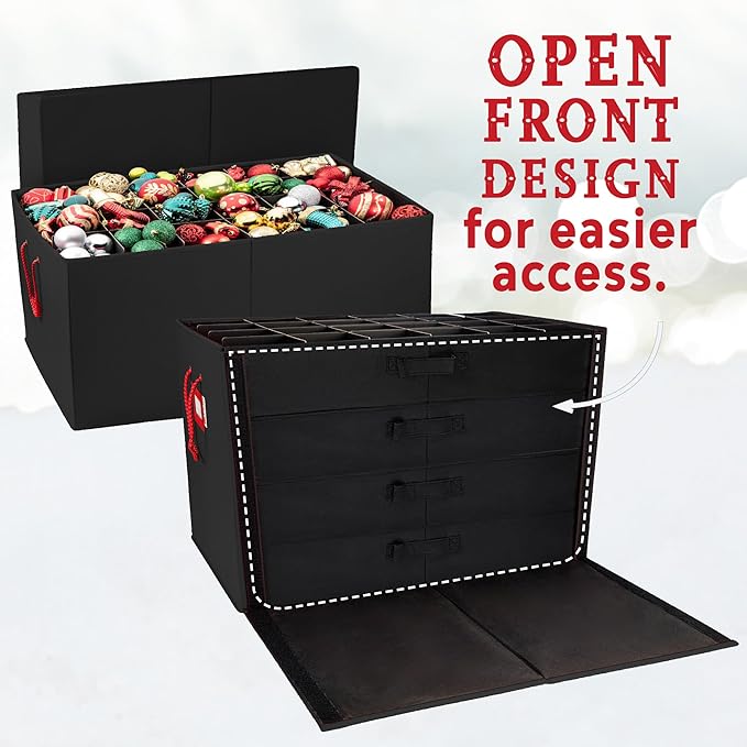 HOLDN’ STORAGE Christmas Ornament Storage Box with Dividers, Stores Ornaments up to 96 of 3 Inch Large Christmas Ball Storage Containers with 4 Trays - Black