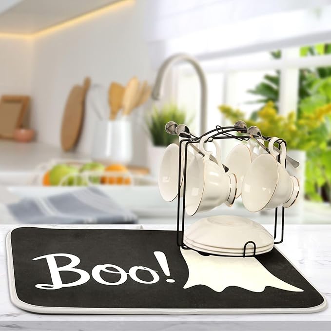 Halloween Ghost Boo Dish Drying Mat for Kitchen Countertop 16x18 Spooky Black Small Drying Mat Reusable Quick Dry Dish Sink Mats Easy Clean Decorative Essentials