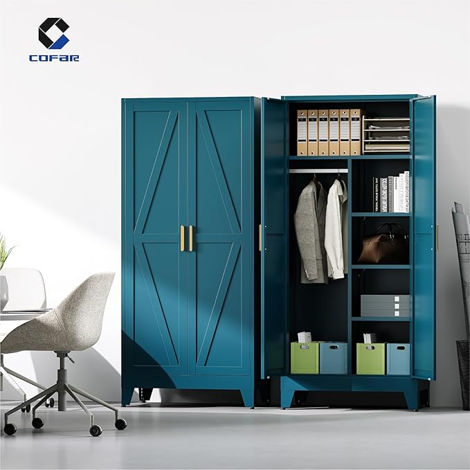 COFaR Metal Wardrobe Closet with Doors, 71'' Tall Steel Bedroom Armoire with Adjustable Hanging Rod and Shelves, Broom Closet Storage Cabinet for Garage Laundry Office, Farmhouse Peacock Blue