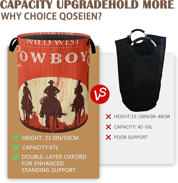 Western Cowboy Collapsible Laundry Baskets,Laundry Hamper,Storage Basket with Handles for Bathroom Bedroom College Dormitory Living Room Nursery Organizer 16"x20"