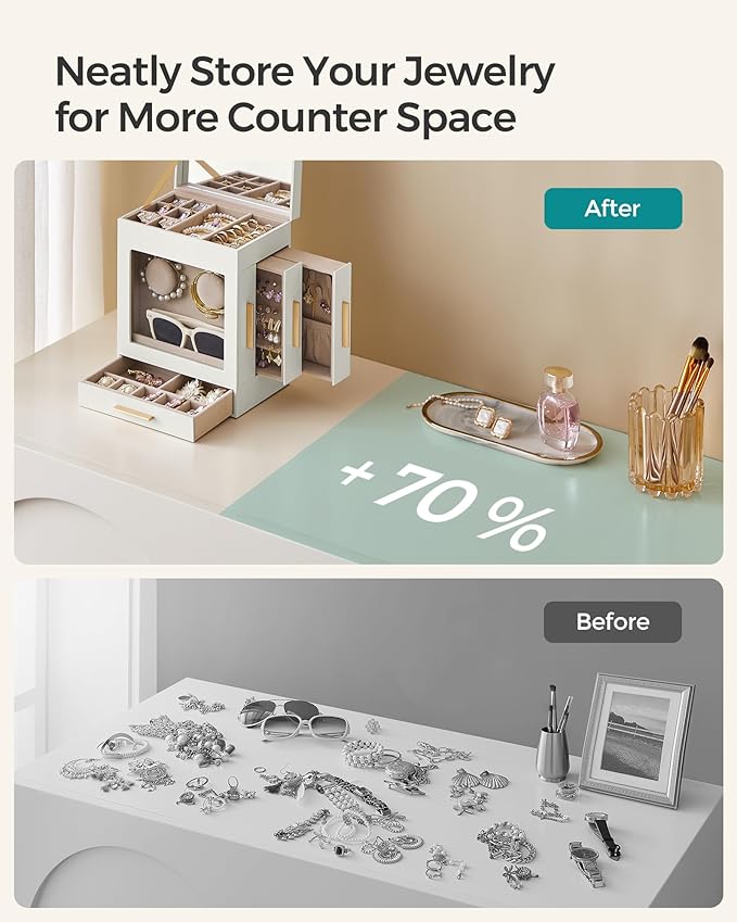SONGMICS Jewelry Box with Glass Window, 5-Layer Jewelry Organizer with 3 Side Drawers, Jewelry Storage, with Big Mirror, Modern, 5.1 x 7.9 x 9.7 Inches, Cloud White and Metallic Gold UJBC172W01