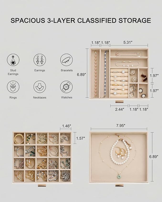 Jewelry Box with Glass Lid, 3-Layer Jewelry Organizer for Women Girls, PU Leather Display Case with 20-Grid Earring Tray & Movable Dividers for Necklaces Rings - Cloud White