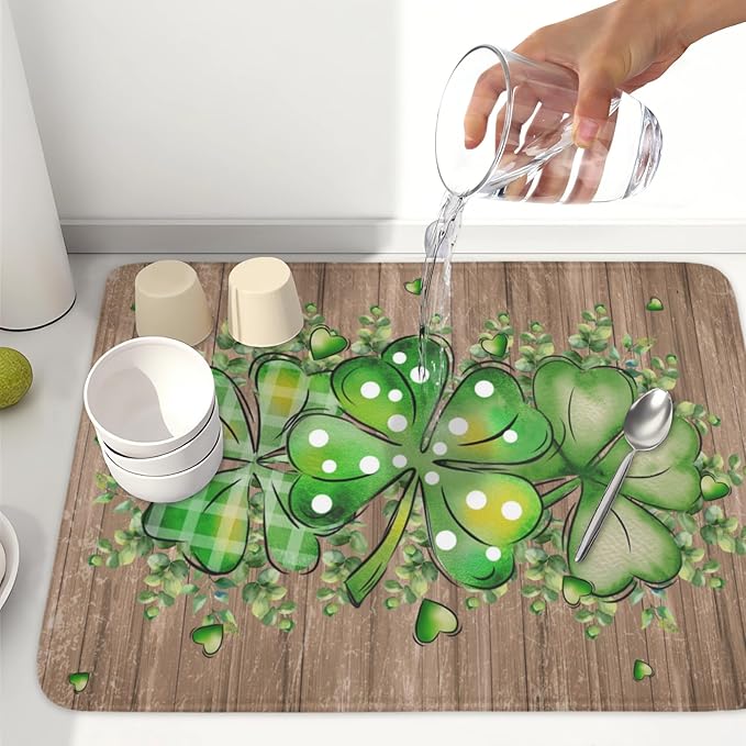 Wnoesat St Patricks Day Wooden Plank Texture Shamrock Dish Drying Mat St Patrick Eucalyptus Leaves Clover Dish Drying Pad for Kitchen Counter Absorbent Microfiber Dishes Drainer Rack Mats 18x24 Inch