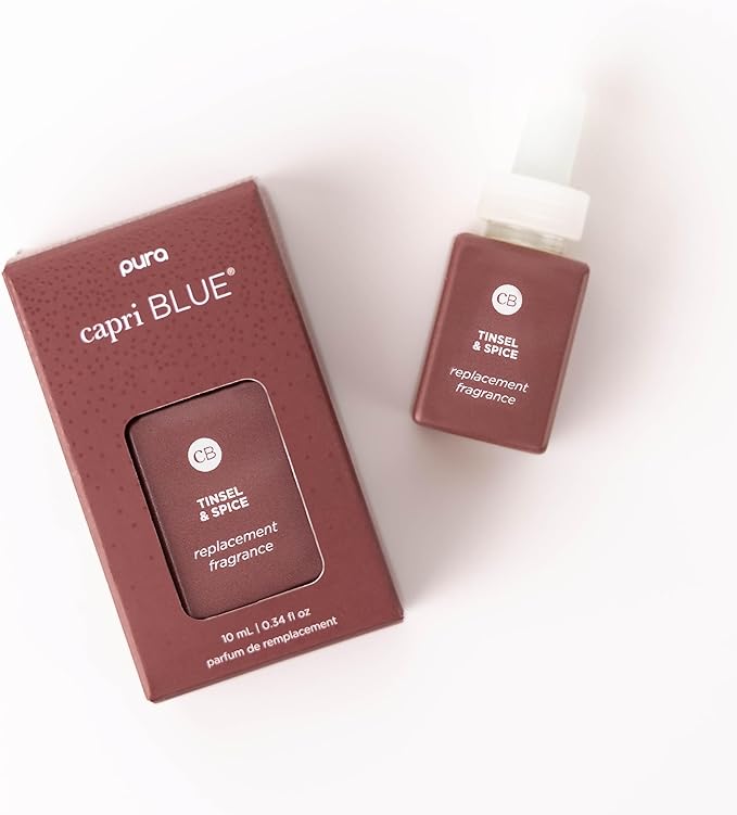 Capri Blue x Pura 4 - Smart Fragrance Diffuser Plug in Kit - Includes 1 Pura Diffuser + 2 Fragrance Refill Vials - Long Lasting Scents - LED Light - 2.4 GHz WiFi Required (Tinsel & Spice + Volcano)