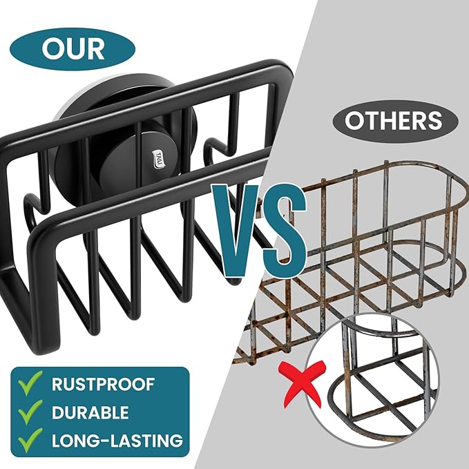 TAILI Sponge Holder for Kitchen Sink with Strong Suction Cup, Rustproof Aluminum Sink Caddy, Removable Sponge Holder, Dish Brush for Scraper - Black