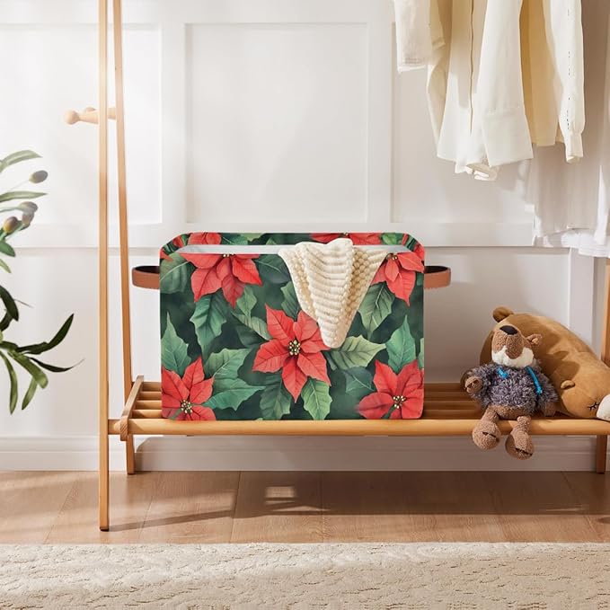 Storage Baskets Bin, Christmas Winter Poinsettia Collapsible Canvas Fabric Storage Bin Decorative Baskets Toy Organizer Rectangle Storage Boxes with Handles for Home Shelves Nursery, J-005