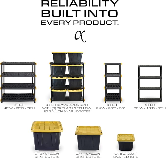 CX Black & Yellow, 5-Tier Heavy Duty Plastic Storage Shelving Unit, 200lbs/shelf (72”H x 48”W x 20”D), for Garage Storage, Warehouse & Basement Use, Modular Rack