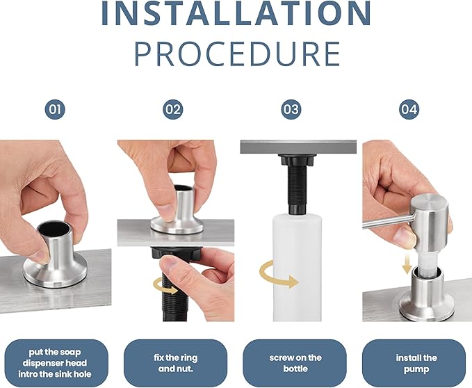 SBEN Built in Kitchen Soap Dispenser Set (Large 17oz Refillable Bottle Included) - Stainless Steel Soap Dispenser, Brushed Nickel for Corrosion-Resistant -ABS Pump Head, 360° Rotation