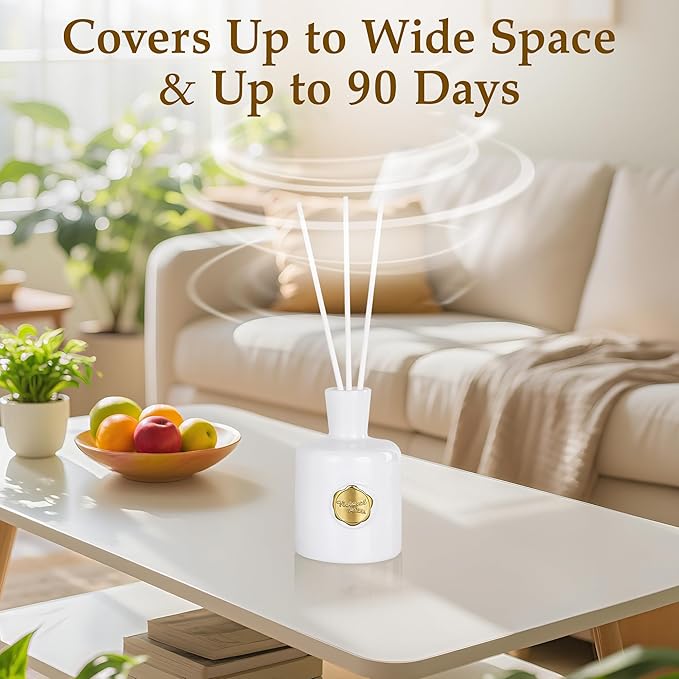 XEPTLE Reed Diffuser Set, 7.04 oz Creamy Gardenia Scent Diffuser with 5 Sticks, Long Lasting Air Freshener, Essential Oil Reed Diffuser, Home Fragrance for Office, Bathroom Shelf Decor, White