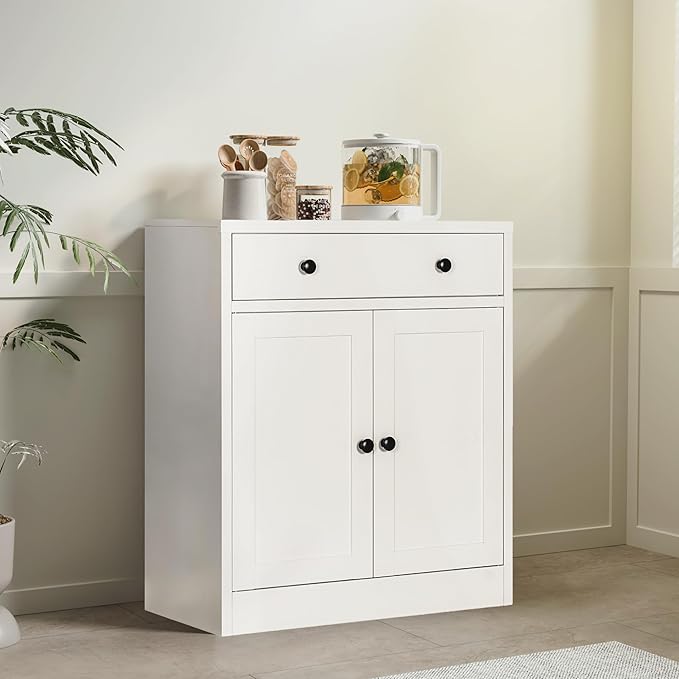 CJF Metal Pantry Cabinet, Coffee Bar Cabinet with Drawer & Adjustable Shelf, Sideboard Cabinets Kitchen Storage, Coffee Bar, Bathroom, Entryway, Home Office, Pantry-White