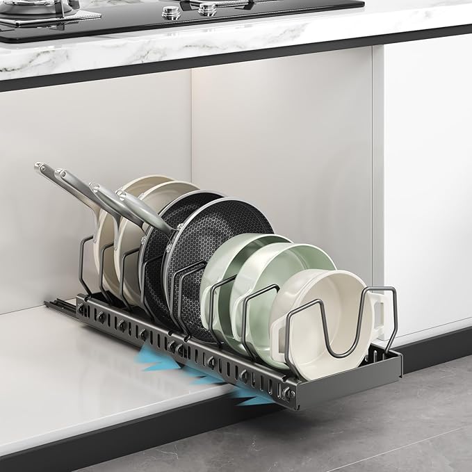 WOSHEN Pots and Pans Organizer Under Cabinet, Pull Out Pots and Pans Organizer, Expandable Sliding Lid Holder and Pan Rack for Pot Lid, Bakeware, Dishes, 10 Adjustable Dividers