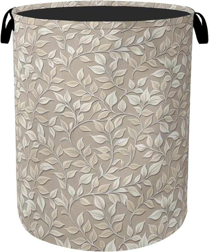 Beige Leaves Modern Laundry Basket - Heavy Duty 60L Dirty Clothes Organizer, Water Resistant Foldable Hamper for Men Women