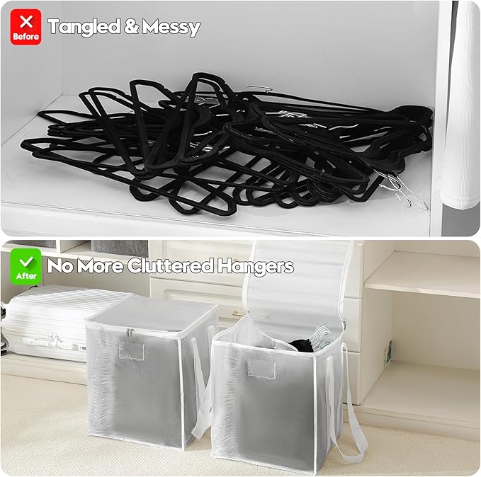 Beveetio 2-Pack Large Clothes Hanger Organizer Bag with Lid & Handles, Dustproof Hanger Storage with 2 Compartments, Space Saving for Closet & Laundry Room