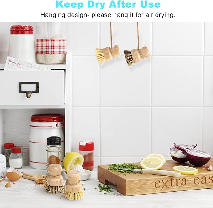 Aisuly Bamboo Dish Brush Set, 2 Pcs Palm Wooden Dish Scrubber Brush, Dish Brushes, Durable Wood Dishes Scrub Brush, Natural Round Vegetable Cleaning Pots Pans Sink Washing Kitchen Brush