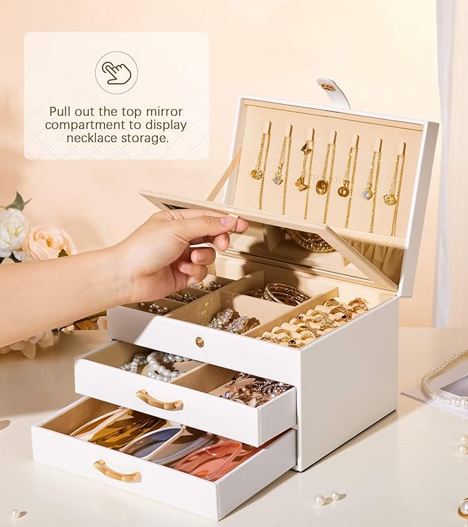 White Jewelry Box Organizer: Home Decor for Women - 2-Drawer Holder for Valentine’s Day Birthday Gift White Gold